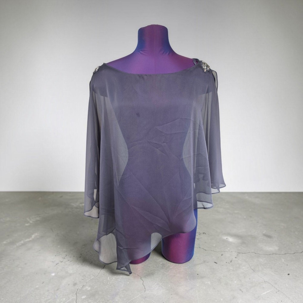 Ignite Evenings Charcoal Grey Sheer Poncho Rhinestone Shoulder Cape Top 18W